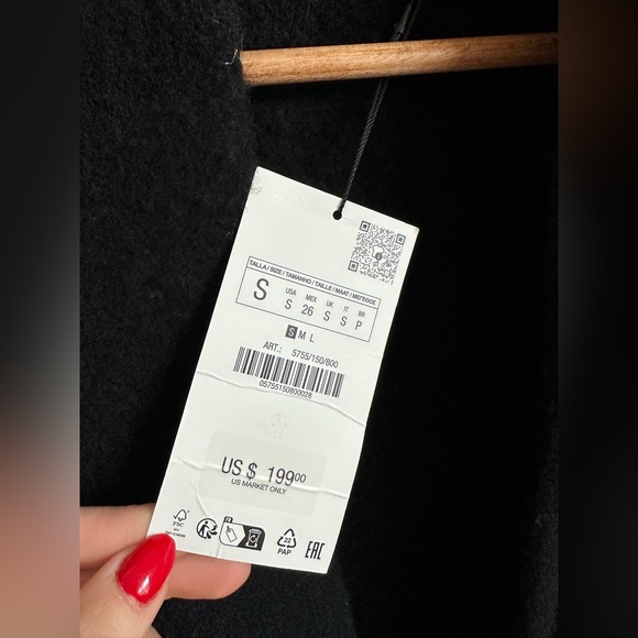 Zara coat wool blend classic casual Elegant Black Women's jacket with waist tie - Picture 7 of 8